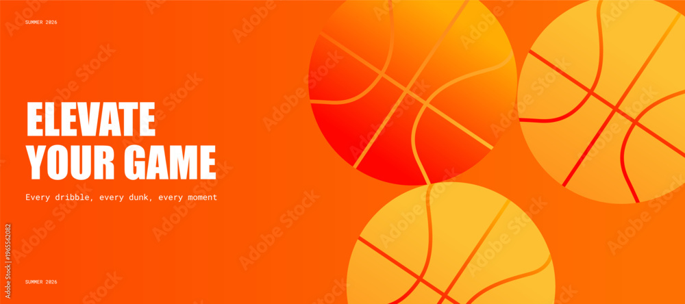 Fototapeta premium Basketball Sport Banner Template Vector with Balls and Bold Typography on Orange Gradient Background for Tournament Championship and Club Promotion