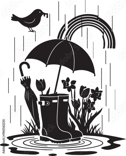 Rainy day silhouette with umbrella bird and rainbow, Generative Ai