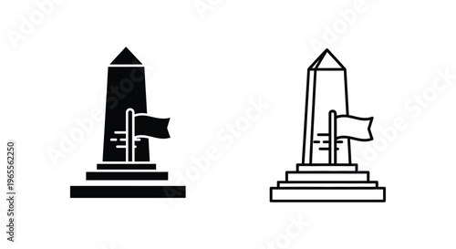 Monument icons, obelisk symbols, black and white vector graphics, flag toppers