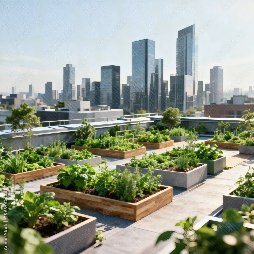 Fototapeta premium Rooftop Urban Garden and Green Terrace with City Skyline for Sustainable Lifestyle Advertising AI Generated Photo