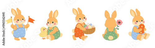 Easter bunny set. Cute rabbits in different poses, spring funny holiday collection. Vector illustration isolated on white background.