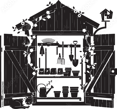 Silhouette of a gardening shed with tools and flowers, Generative Ai