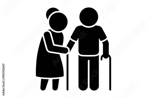 A vector graphic illustration of an elderly couple walking together with canes