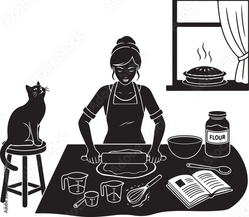 Woman baking with cat silhouette by her side at home, Generative Ai