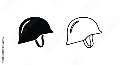 Black and white bicycle helmets, cycling safety gear, vector icons, protective headgear