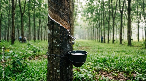 Fresh White Latex Drips from a Tapped Rubber Tree in Plantation