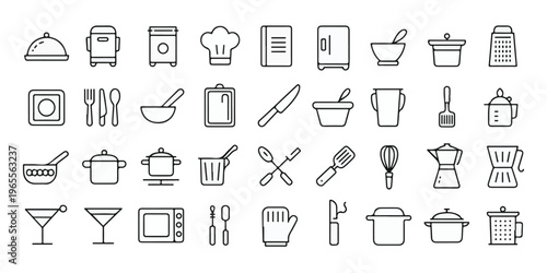 A set of line art icons depicting various kitchen utensils and food items in black and white.