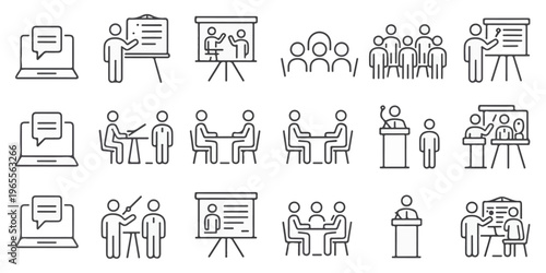 A set of 18 black and white line art icons depicting business people presenting and discussing in various meeting settings.