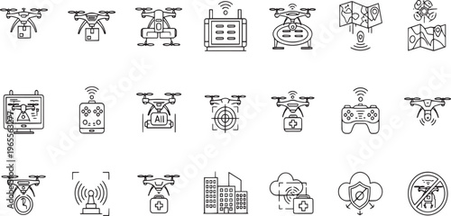 Drone Delivery and Unmanned Aerial Vehicle Line Icon Set