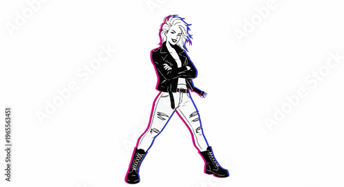 Illustration of a woman in a black leather jacket, ripped jeans, and combat boots