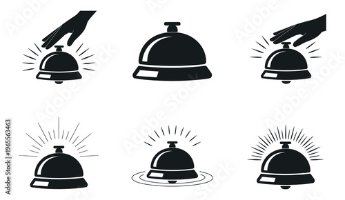 Service bell icon set for hotel reception, restaurant desk, and customer call, vector illustration representing hospitality and service notifications