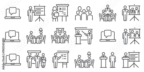 A set of 18 black and white line art icons depicting people presenting in business settings with computers and projectors