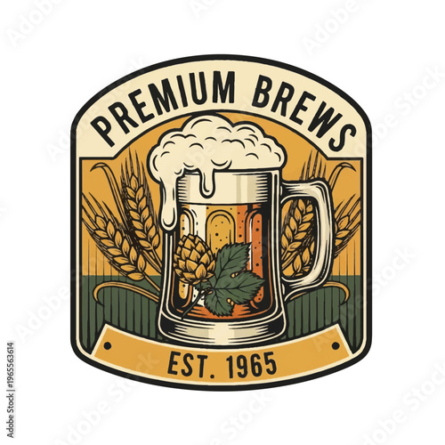 Premium Brews Beer Logo Featuring Mug, Hops, and Est. 1965 Brew Emblem.