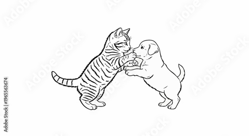 Playful kitten and puppy nuzzle noses in a black and white line drawing