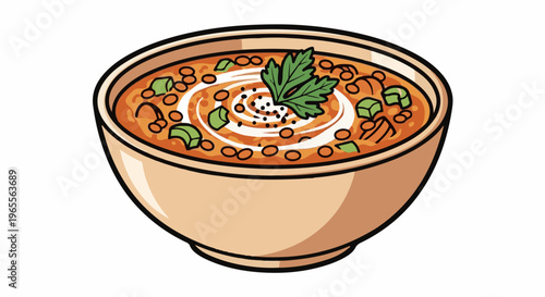 A bowl of thick, orange lentil soup garnished with creamy swirls, green herbs
