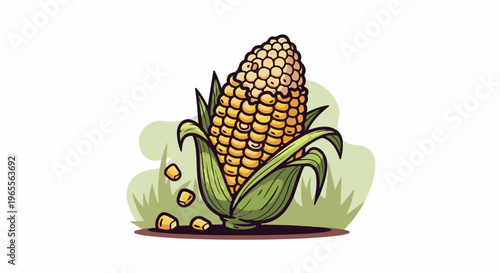 Ripe yellow corn on the cob with green husks and scattered kernels