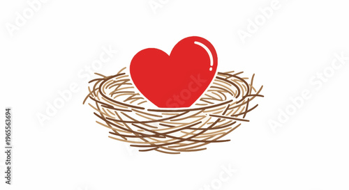 A bright red heart rests cozily within a rustic, woven nest