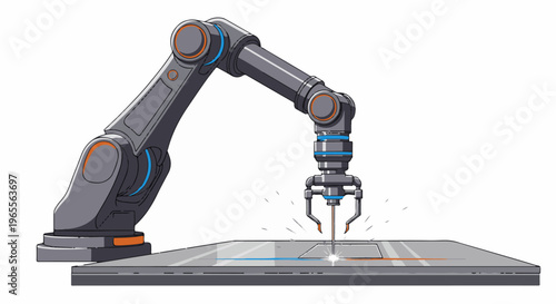 Robotic arm performs precision work on a factory floor, creating sparks