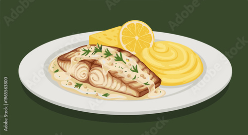 A creamy fish fillet with mashed potatoes, lemon, and herbs on a plate