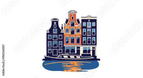 Stylized canal houses reflected in water with a boat