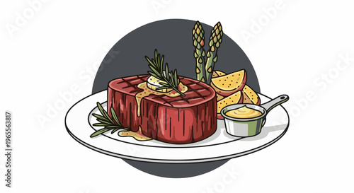 A delicious grilled steak with asparagus, potato wedges, and sauce