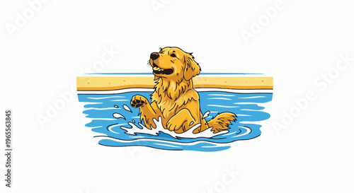 A happy golden retriever splashes joyfully in the blue water