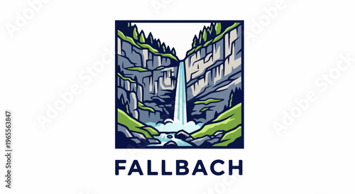 Stylized depiction of a waterfall cascading down a rocky cliff face