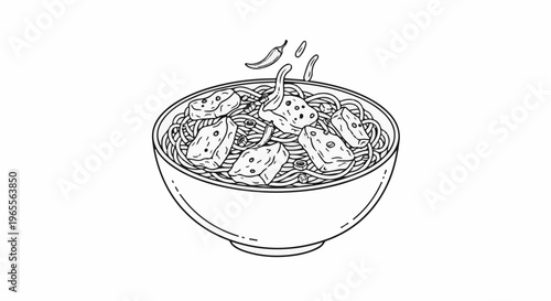 A line drawing of a bowl of noodles with tofu and chili peppers