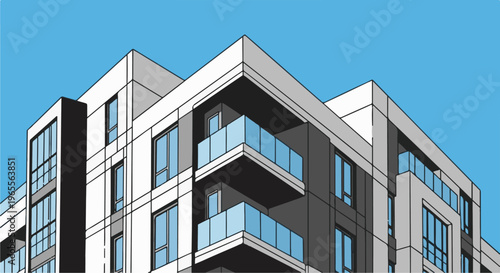 A modern multi-story building with glass balconies under a clear blue sky