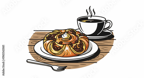 A pastry with coffee beans on a plate and a hot cup of coffee