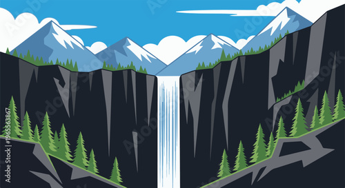 A majestic waterfall cascades down rugged cliffs amidst snow-capped mountains