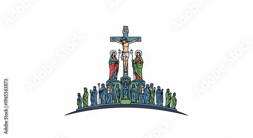 Stylized depiction of the crucifixion with multiple figures on a tiered structure