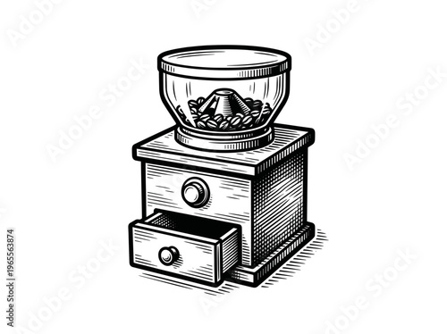 Vintage Coffee Grinder Engraving Illustration Black and White Line Art