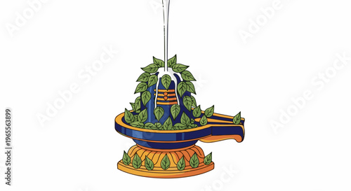 A sacred stone pillar adorned with green leaves and flowing water