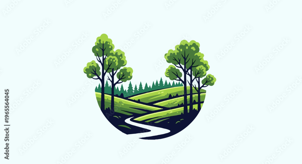 Naklejka premium A stylized depiction of a winding river flowing through green hills