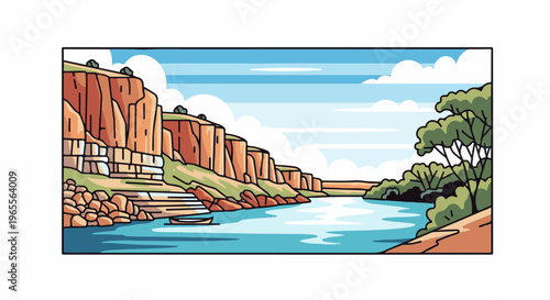 A tranquil river flows past towering cliffs and lush green trees under a sky