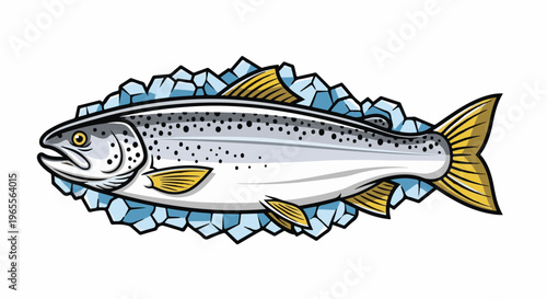 A stylized fish with yellow fins and tail is surrounded by ice cubes on a white background