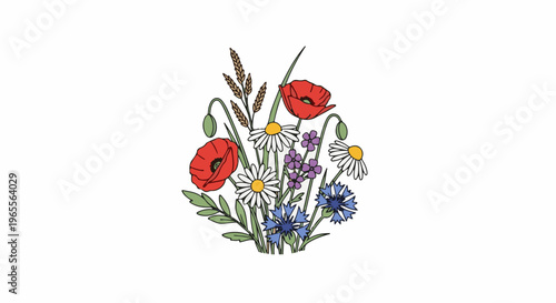 A vibrant bouquet of wildflowers with poppies, daisies, and cornflowers
