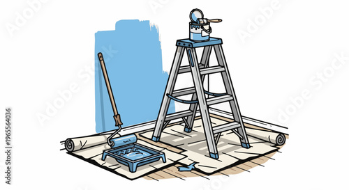 Tools and supplies for room redecoration with blue paint on wall