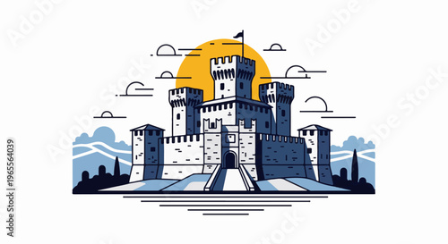 A stylized castle with multiple towers stands against a bright orange sun and stylized clouds