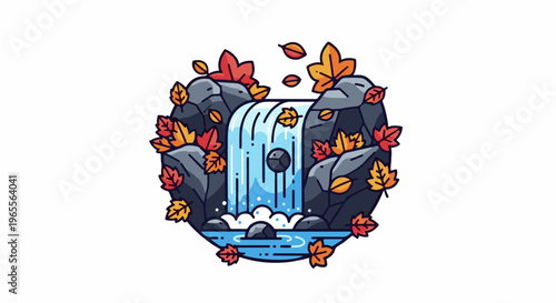 A stylized waterfall cascades over rocks, surrounded by autumn leaves