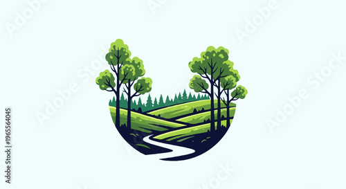 A stylized depiction of a winding river flowing through green hills