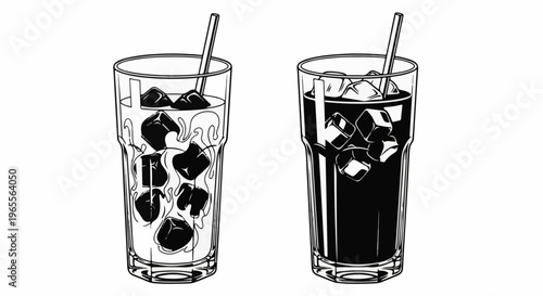 Two tall glasses, one with clear liquid and ice, other with dark liquid and ice