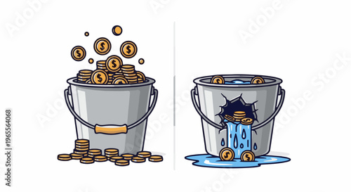 Two buckets side by side, one full of coins, the other with a hole