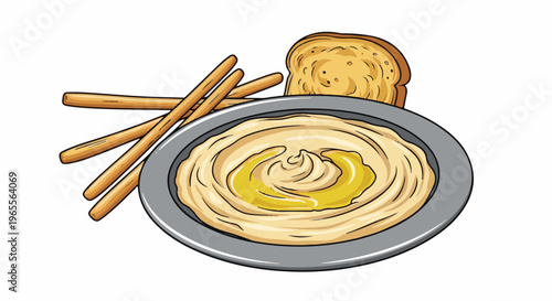 A swirl of creamy hummus with olive oil, breadsticks, and toast