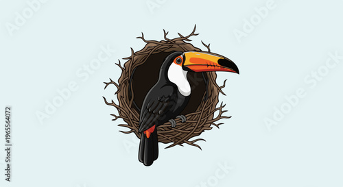 Toucan bird with large orange beak perched in a nest