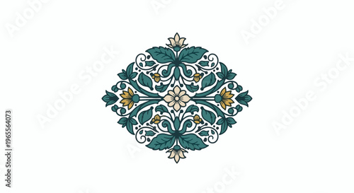 Symmetrical floral pattern in teal, cream, and yellow