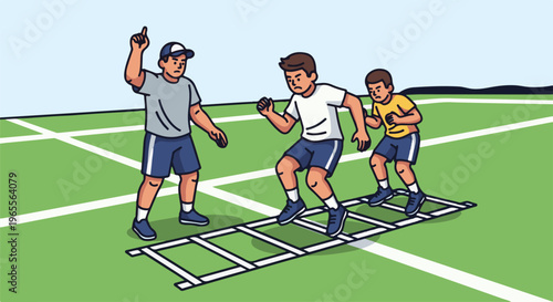 Trainer instructs boys during agility ladder drills on a green field