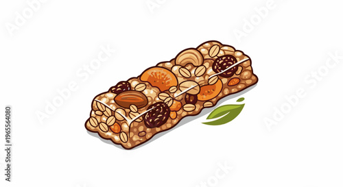 A textured granola bar packed with nuts, dried fruits, and oats