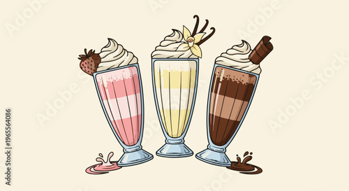 Three milkshakes, strawberry, vanilla, chocolate, with whipped cream